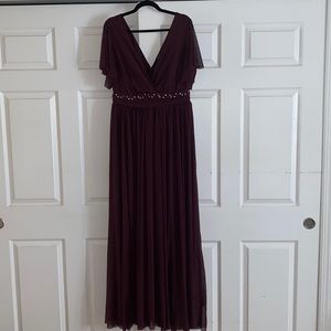 Burgundy mesh embellished gown with flutter sleeve